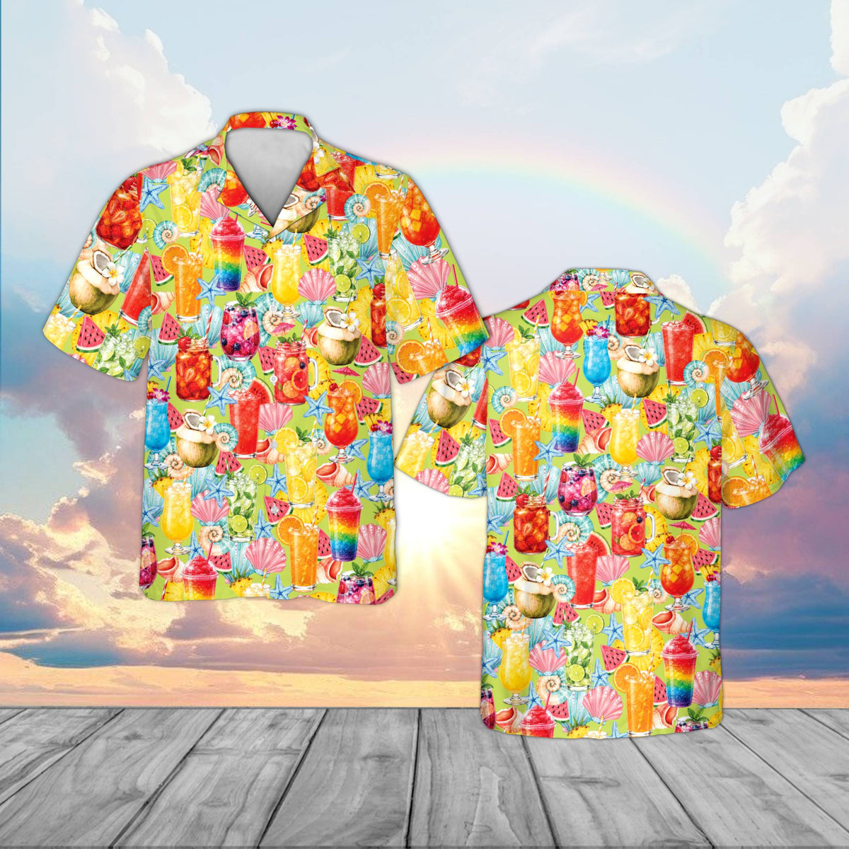 Close-up of the drinks hawaiian shirt showing vibrant tropical patterns