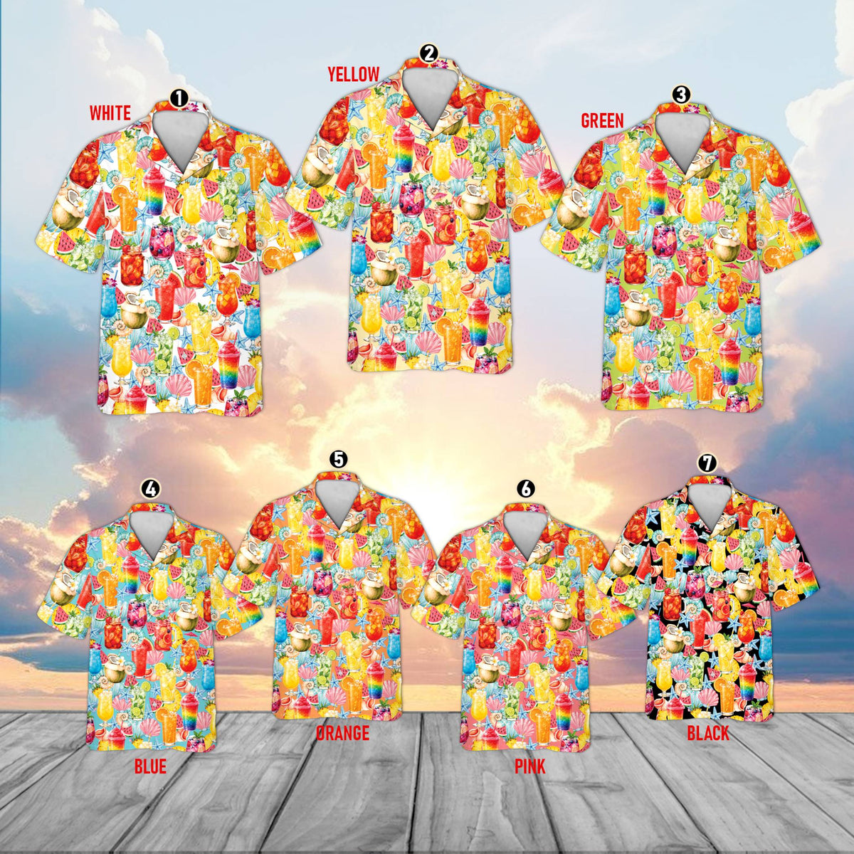 Matching family hawaiian shirts displayed together with tropical drink design