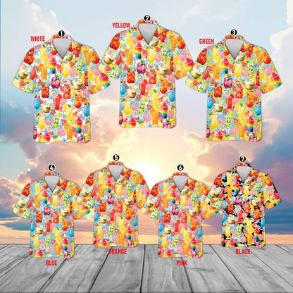 Matching family hawaiian shirts displayed together with tropical drink design