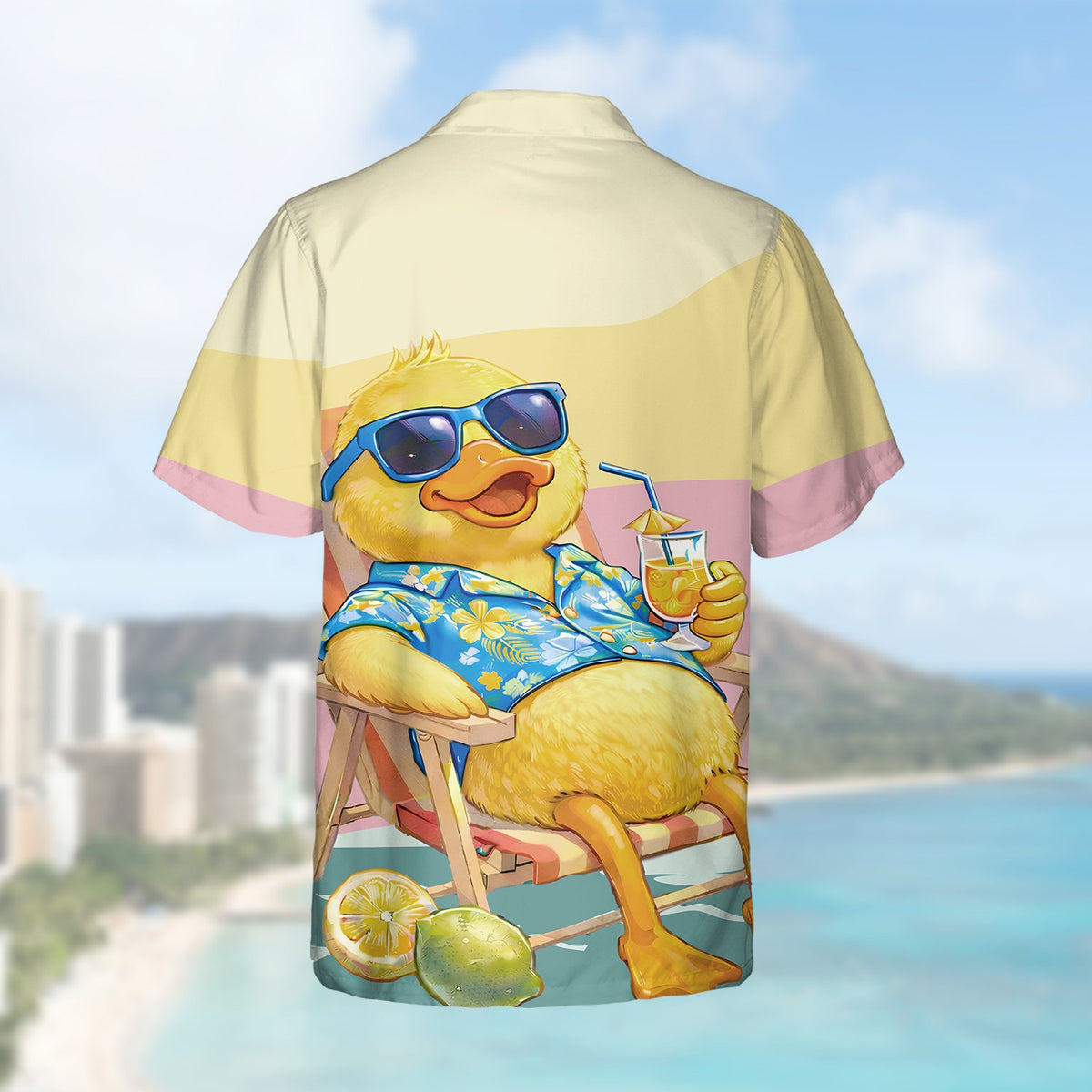 Detailed back view of summer duck Hawaiian shirt