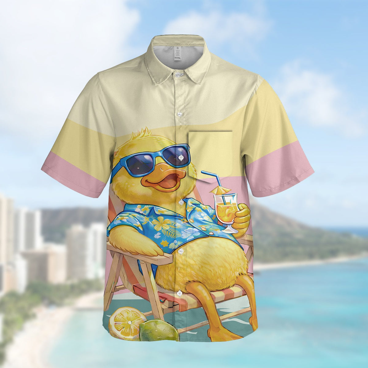 Close up back view of summer duck Hawaiian shirt