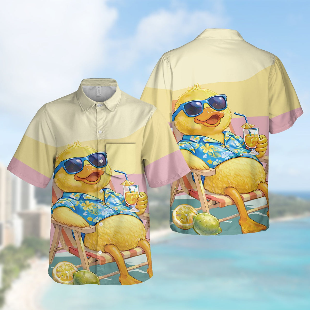 Detailed front view of summer duck Hawaiian shirt