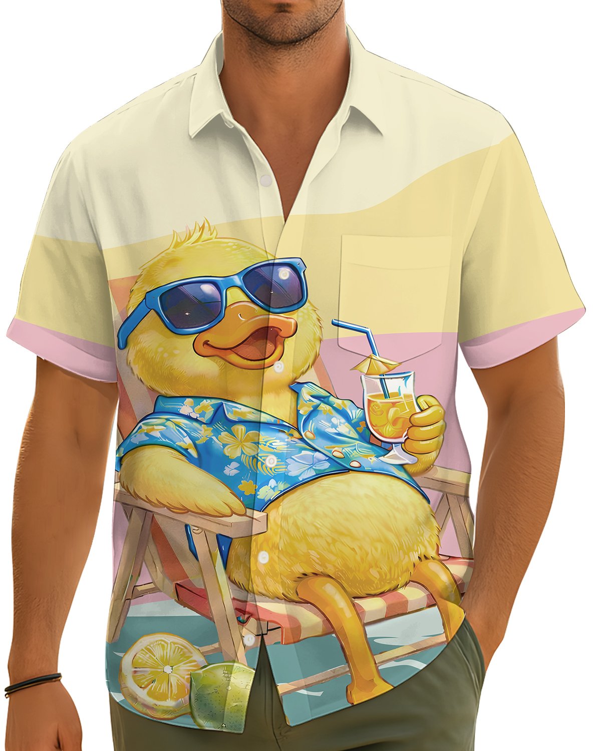 Another front view of summer duck matching family Hawaiian shirt