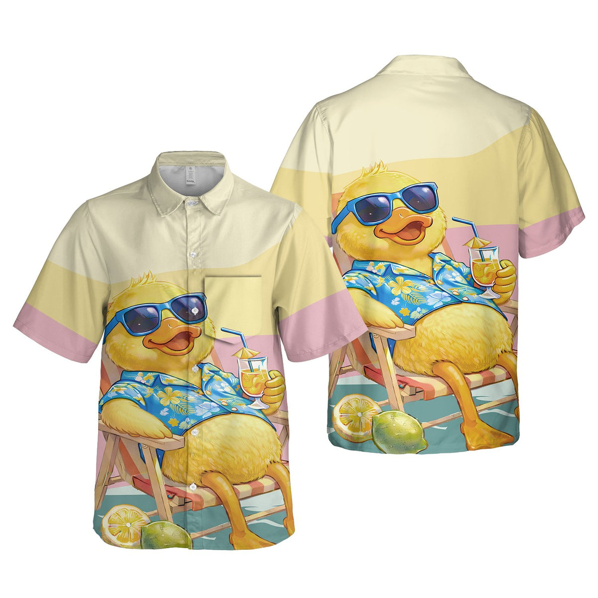 Front view of yellow summer duck Hawaiian shirt