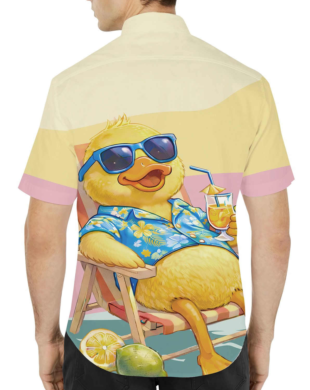 Lifestyle view of matching family Hawaiian shirts with summer duck design
