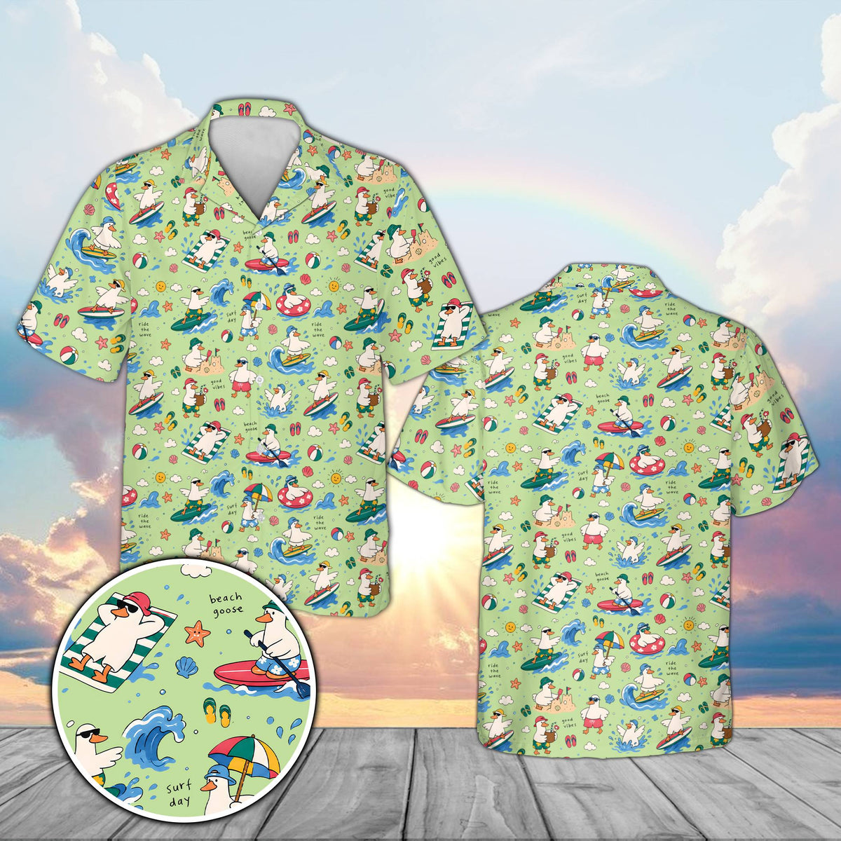 Matching family hawaiian shirt in green with all-over goose and beach ball design, front view