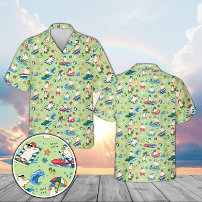 Matching family hawaiian shirt in green with all-over goose and beach ball design, front view