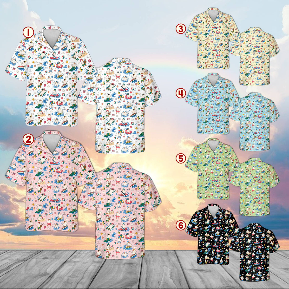 Group of multicolored matching family hawaiian shirts featuring a surfing goose design