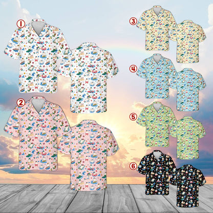 Group of multicolored matching family hawaiian shirts featuring a surfing goose design