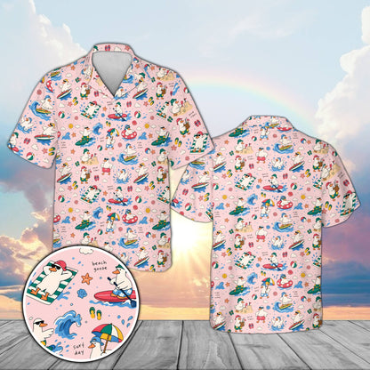 Matching family hawaiian shirt in pink with cartoon goose surfing design, front view