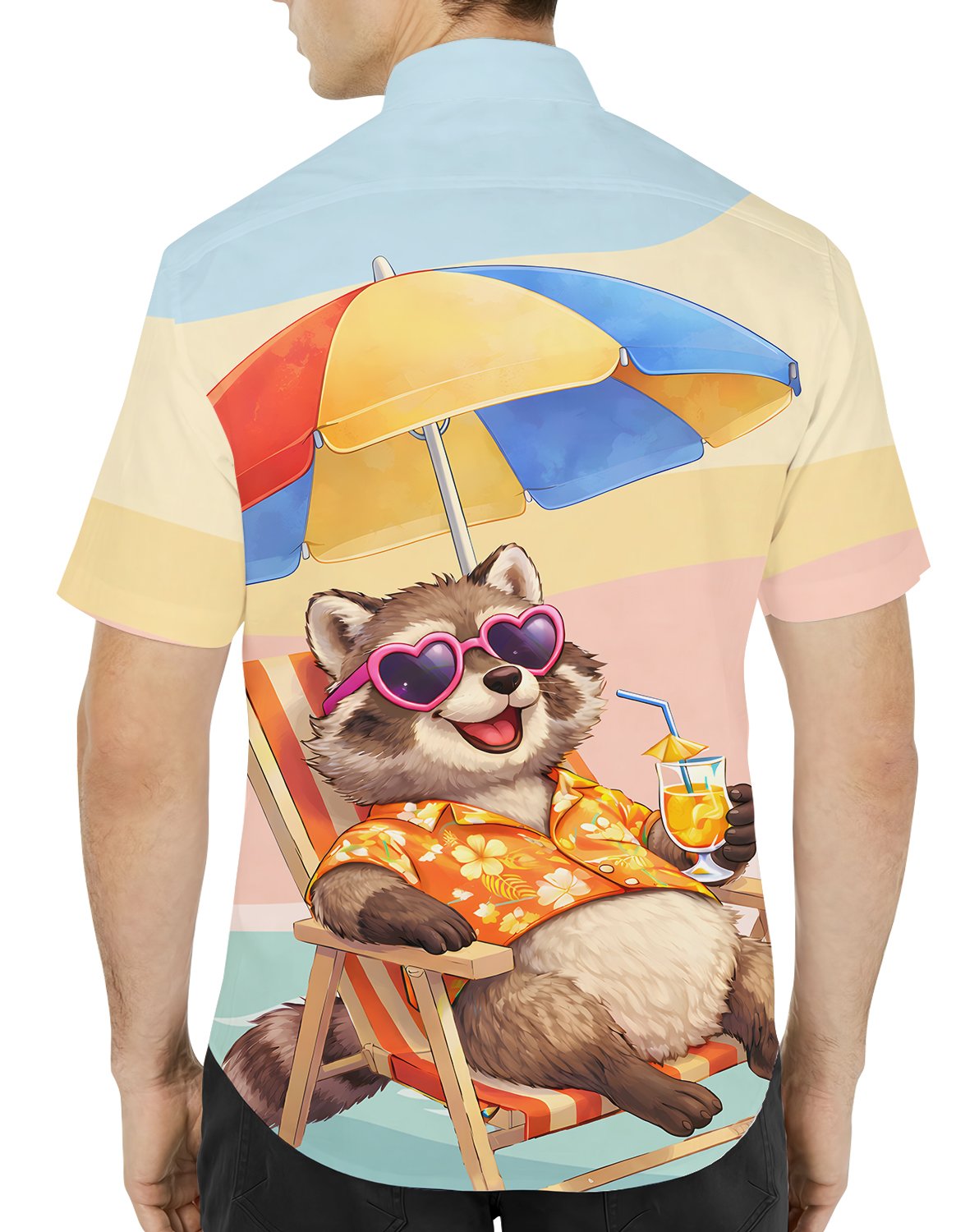 Close up front view of the cheerful raccoon graphic on the hawaiian shirt