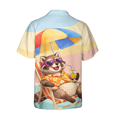 Front view of the summer raccoon hawaiian shirt in light blue