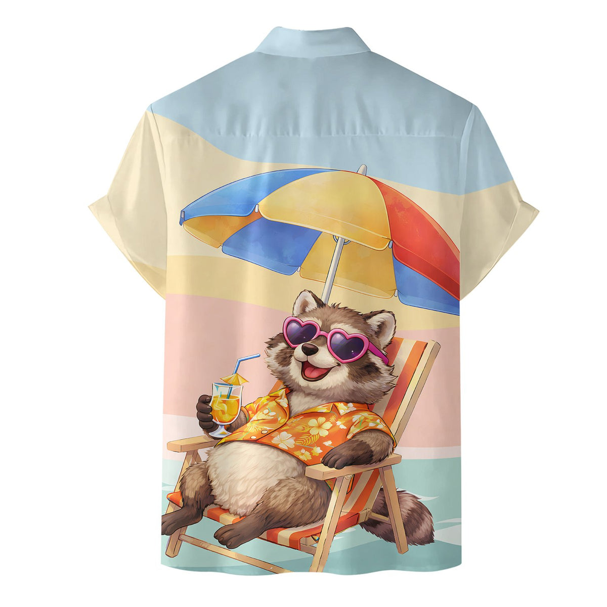 Third lifestyle image showing the summer raccoon hawaiian shirt in a sunny setting