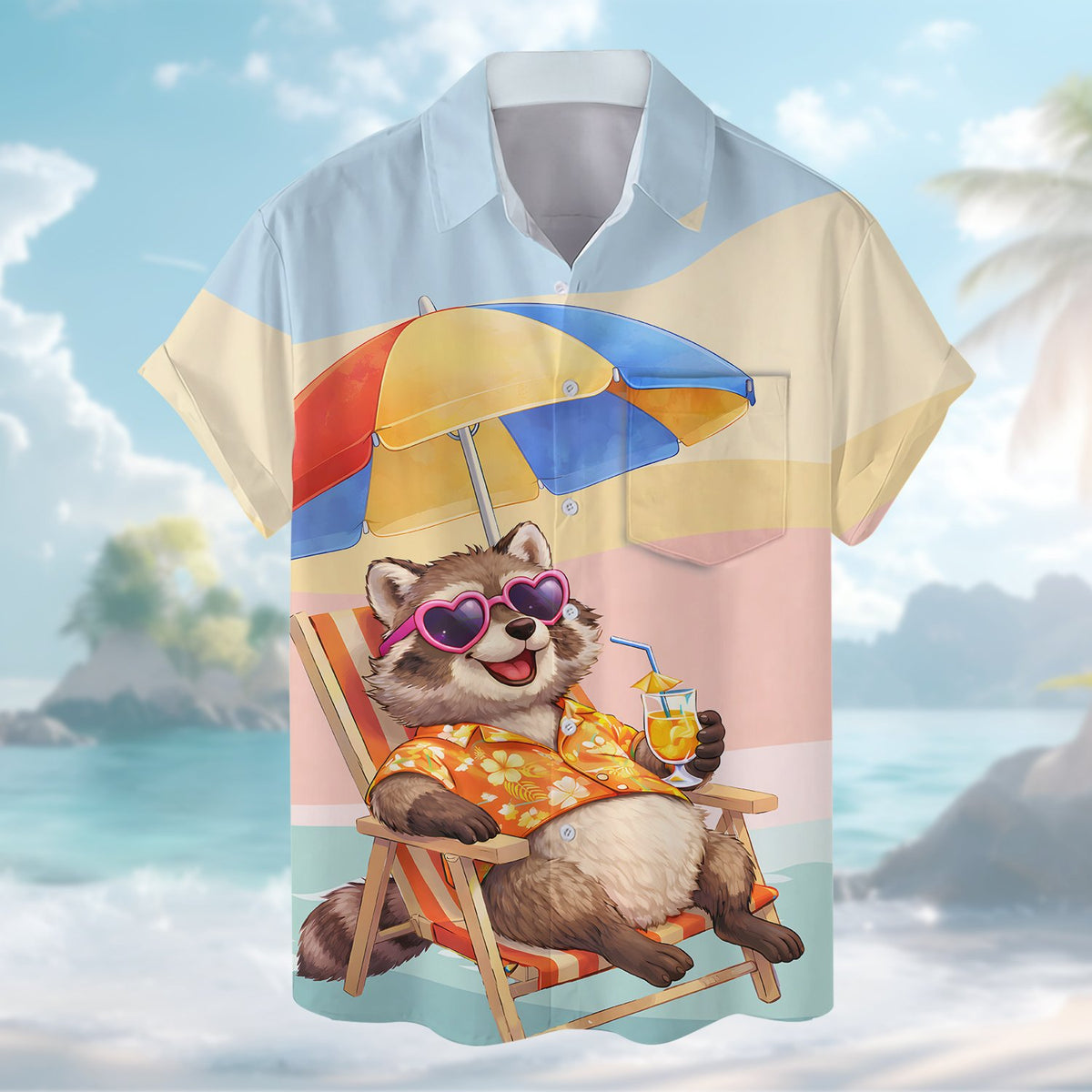 Lifestyle shot of family wearing matching summer raccoon hawaiian shirts