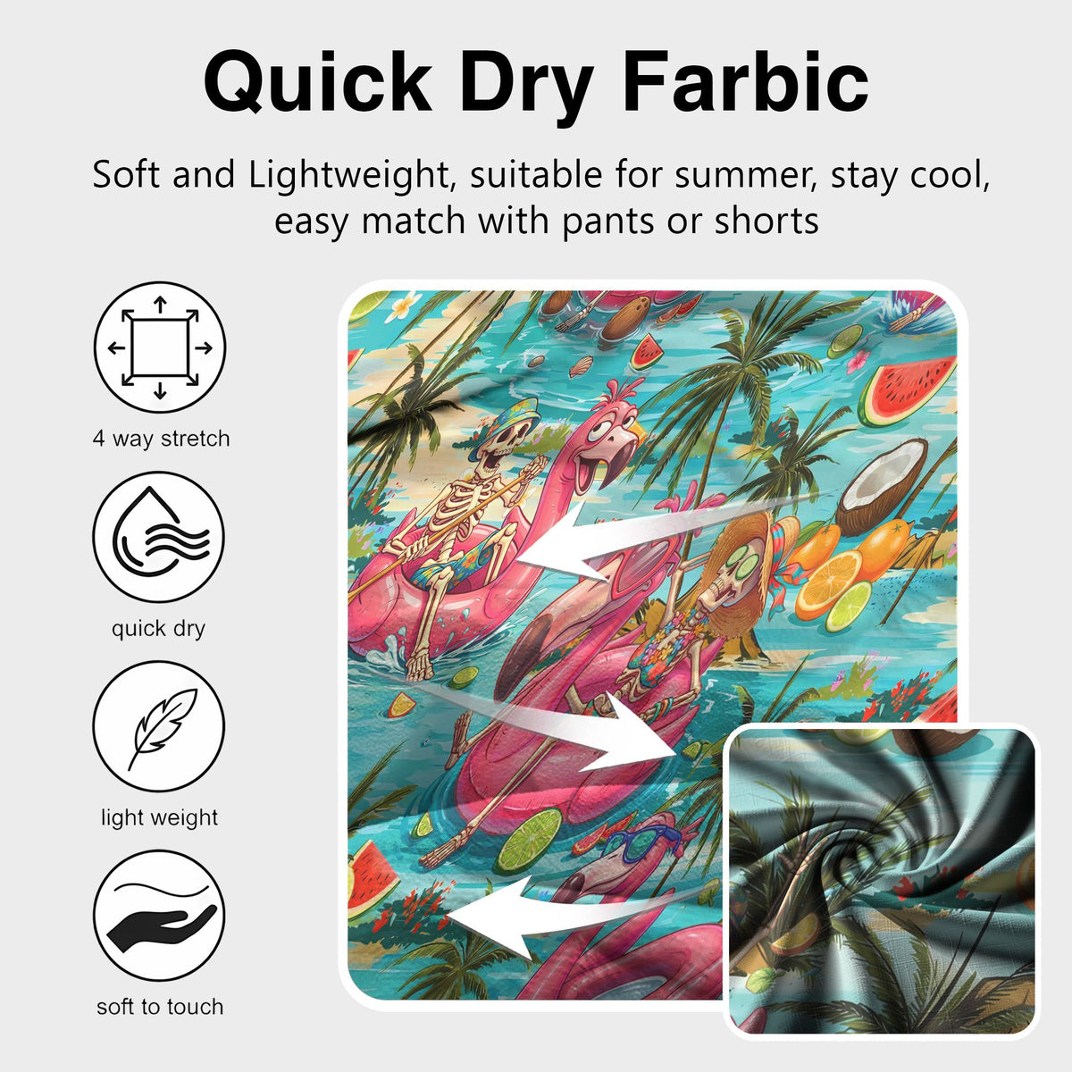 Fabric detail showing skeletons on pink flamingo floats and pineapples