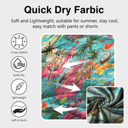 Fabric detail showing skeletons on pink flamingo floats and pineapples