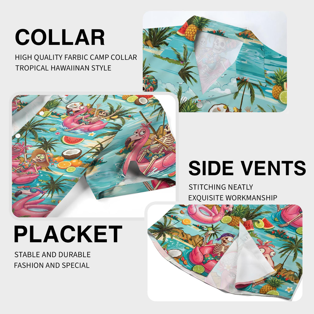 Close-up detail of the summer skeletons hawaiian shirt tropical pattern