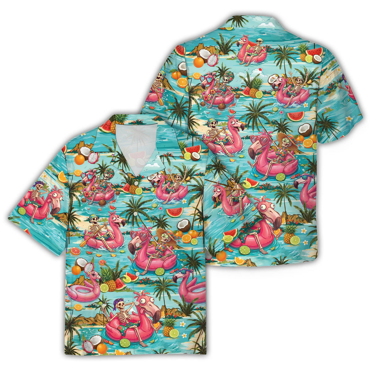 Summer skeletons hawaiian shirt, front view