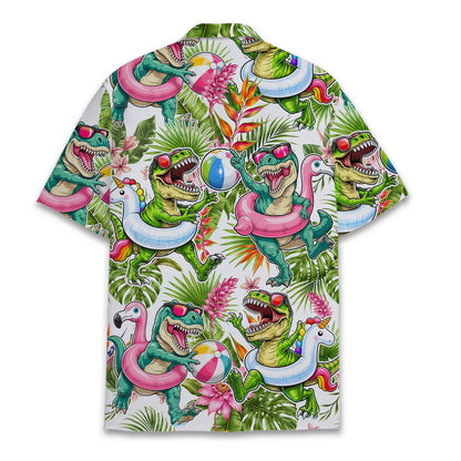 Back view of the tropical dinosaur hawaiian shirt