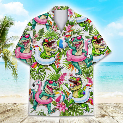 Detailed front view of the tropical leaves and pool floats on the shirt