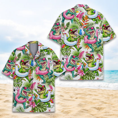 Summer tropical dinosaur hawaiian shirt showing vibrant colors, main view
