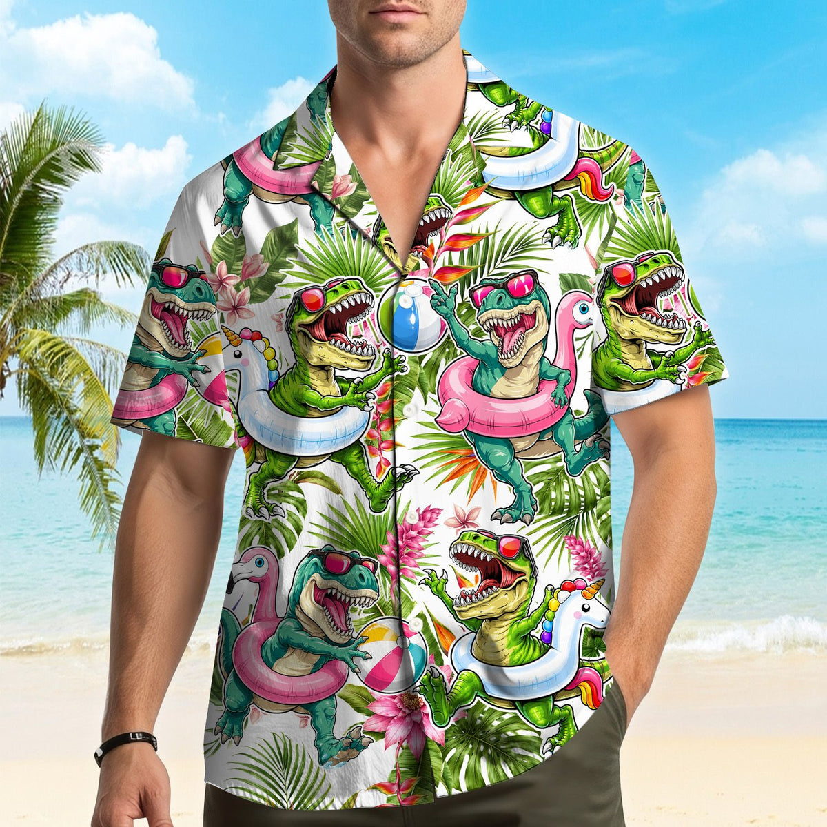 Another lifestyle shot featuring the fun dinosaur print hawaiian shirt