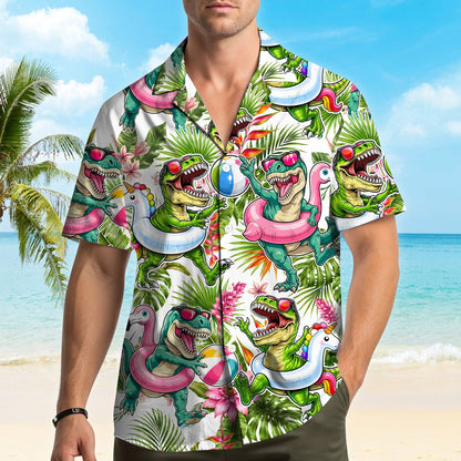 Another lifestyle shot featuring the fun dinosaur print hawaiian shirt