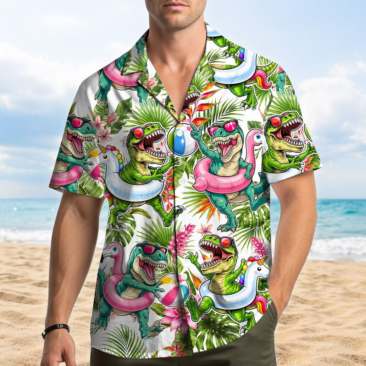 Lifestyle view of someone wearing the summer tropical dinosaur hawaiian shirt