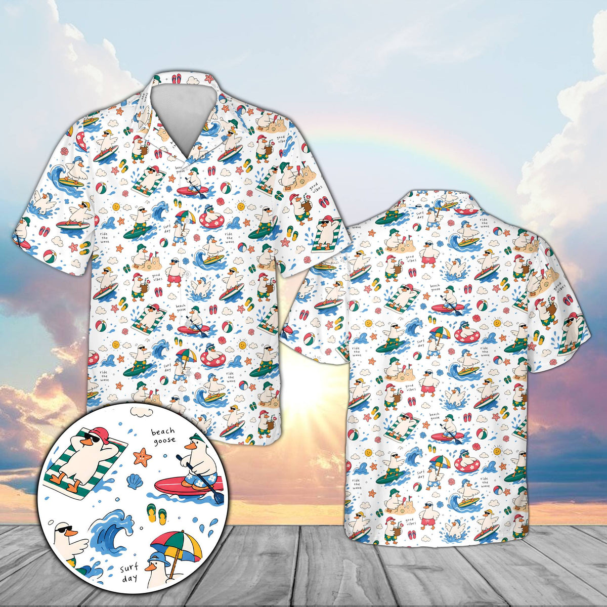 Matching family hawaiian shirts featuring a surfing goose design on a white background, front view