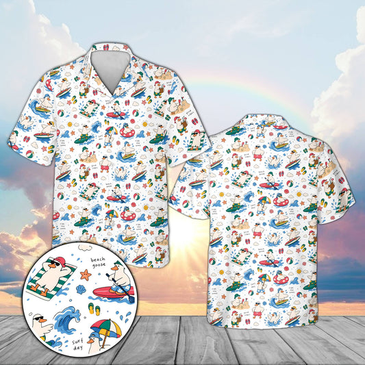 Matching family hawaiian shirts featuring a surfing goose design on a white background, front view