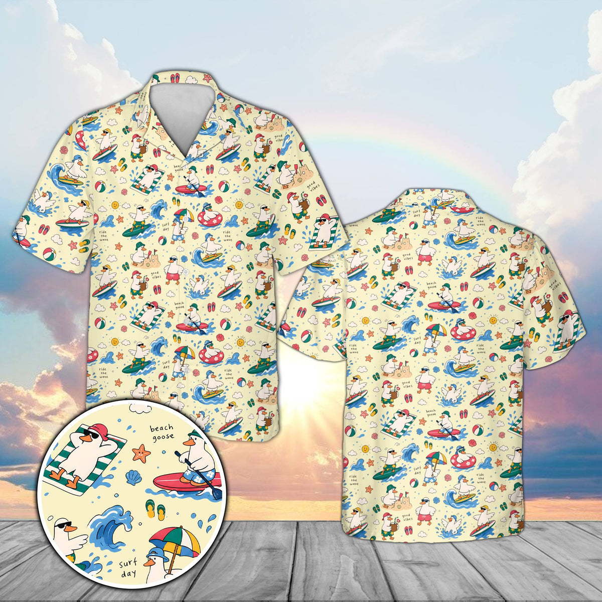 Matching family hawaiian shirt in yellow with beach and goose print, front view