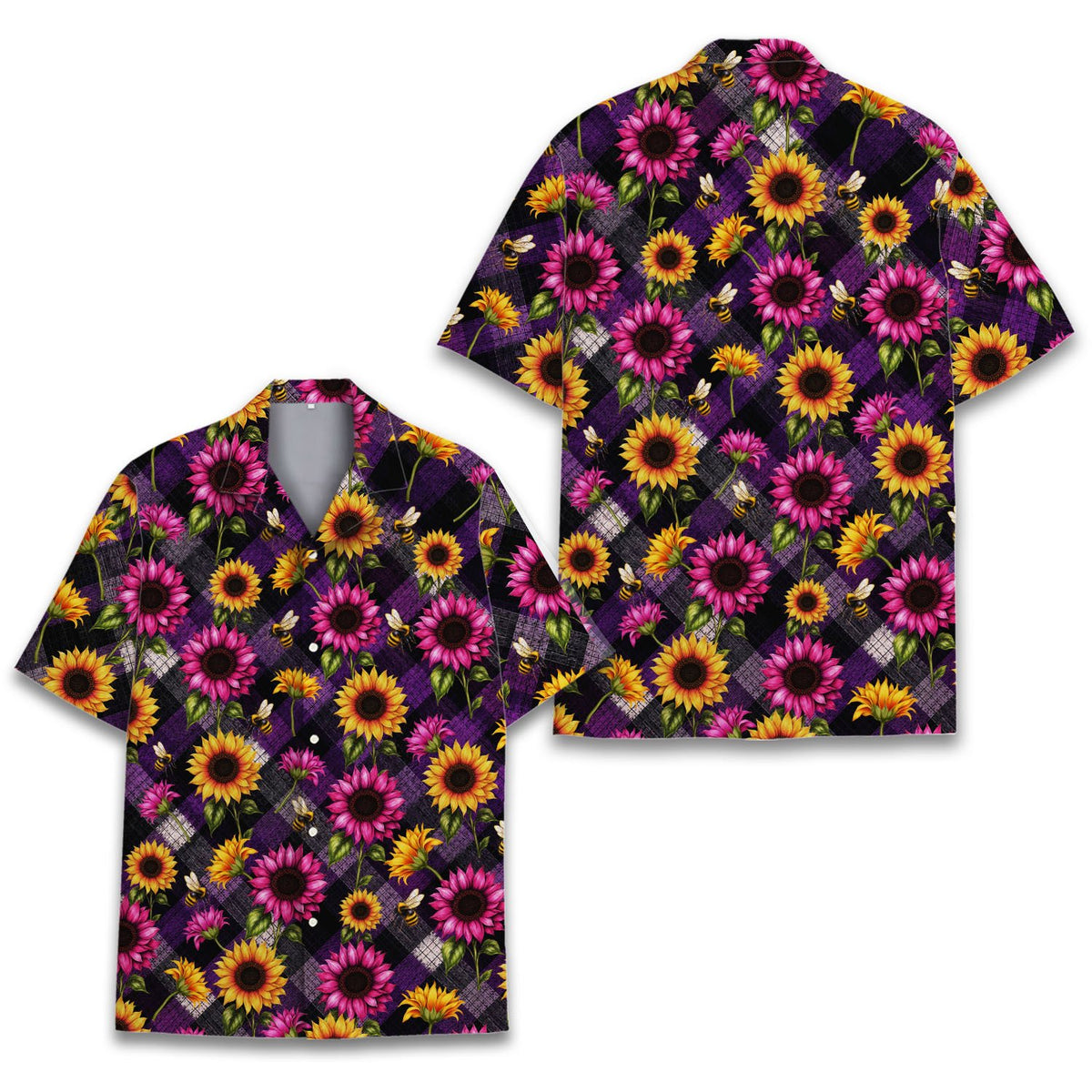 Sunflower and bee hawaiian shirt with purple plaid background, front view