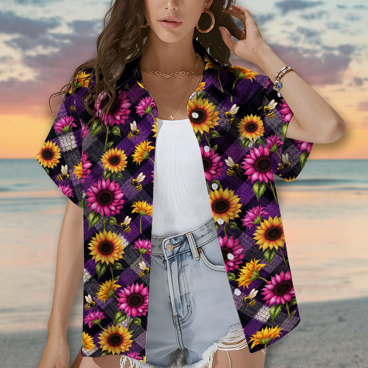 Another lifestyle view of a matching family wearing sunflower and bee hawaiian shirts