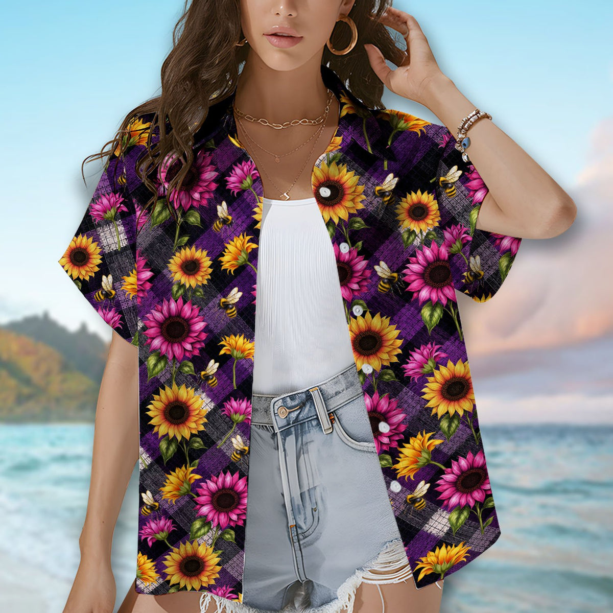 Third lifestyle view of a family in matching sunflower and bee hawaiian shirts