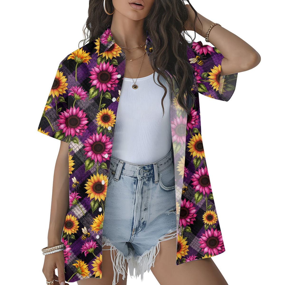 Fourth lifestyle view of a family in matching sunflower and bee hawaiian shirts