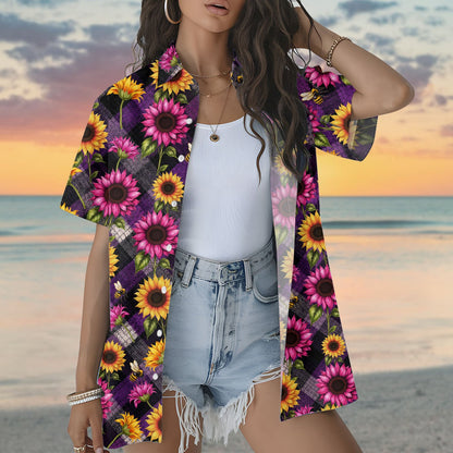 Fifth lifestyle view of a family in matching sunflower and bee hawaiian shirts