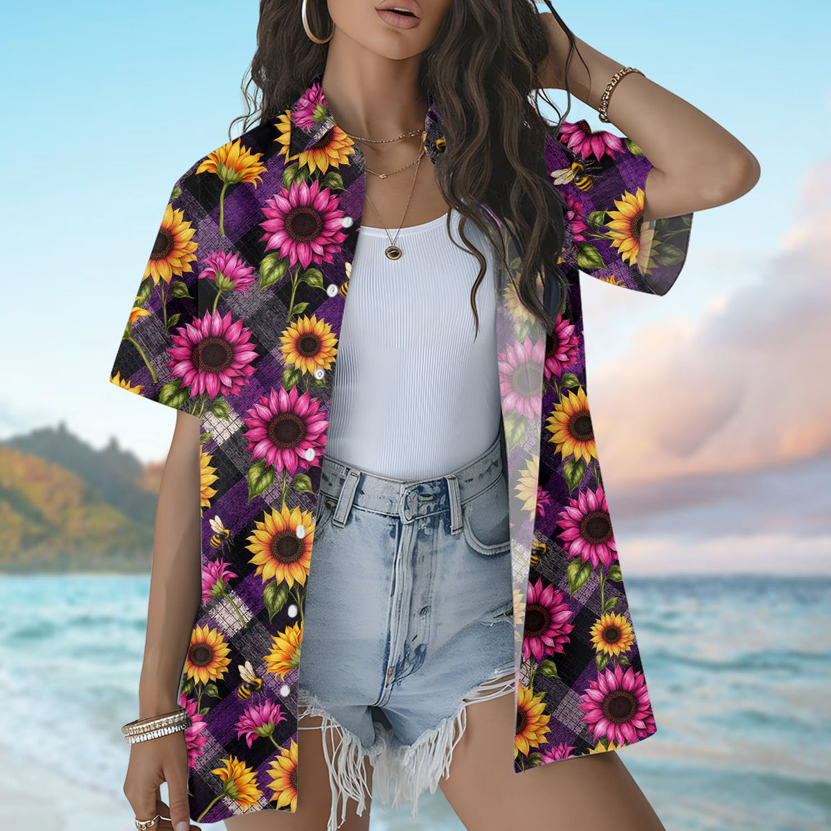 Sixth lifestyle view of a family in matching sunflower and bee hawaiian shirts