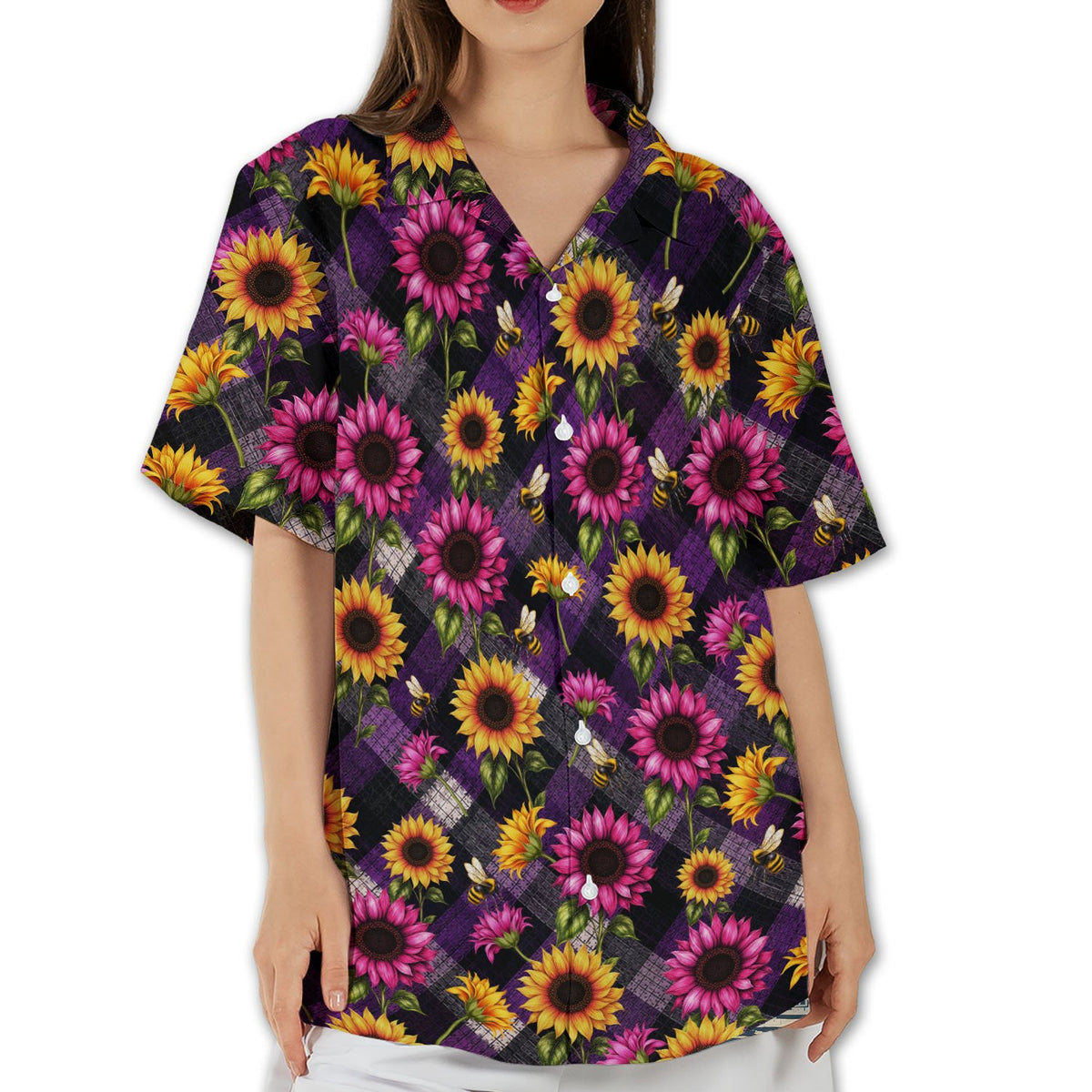 Seventh lifestyle view of a family in matching sunflower and bee hawaiian shirts