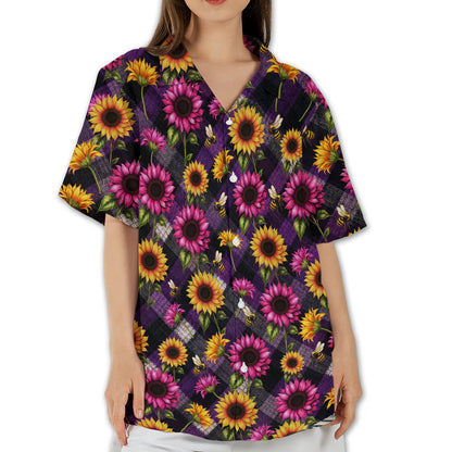 Seventh lifestyle view of a family in matching sunflower and bee hawaiian shirts