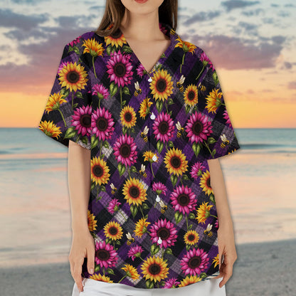 Eighth lifestyle view of a family in matching sunflower and bee hawaiian shirts
