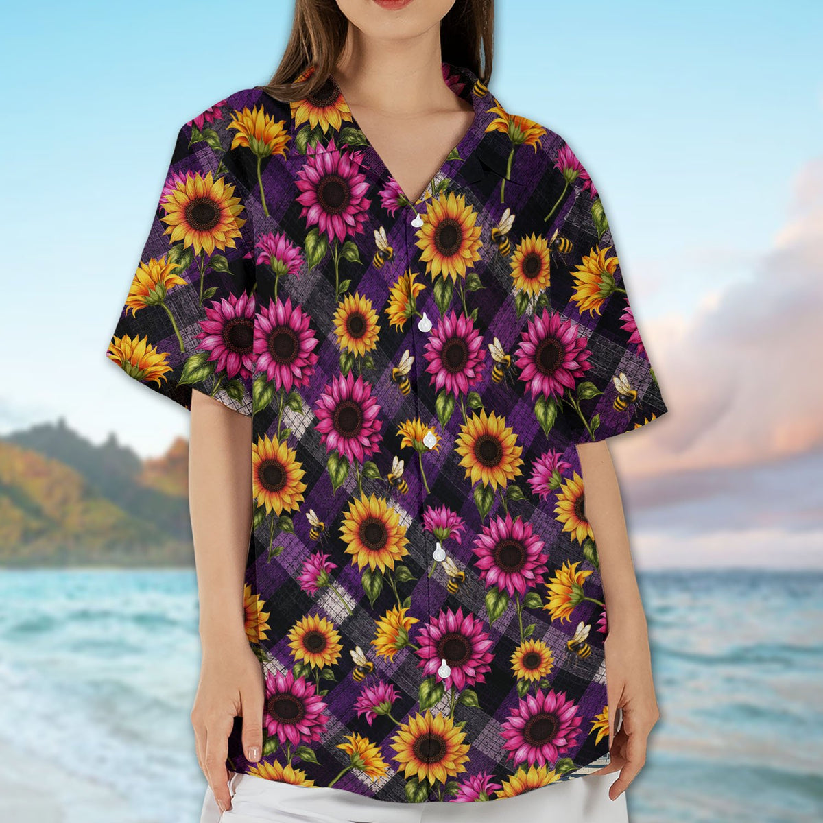 Ninth lifestyle view of a family in matching sunflower and bee hawaiian shirts