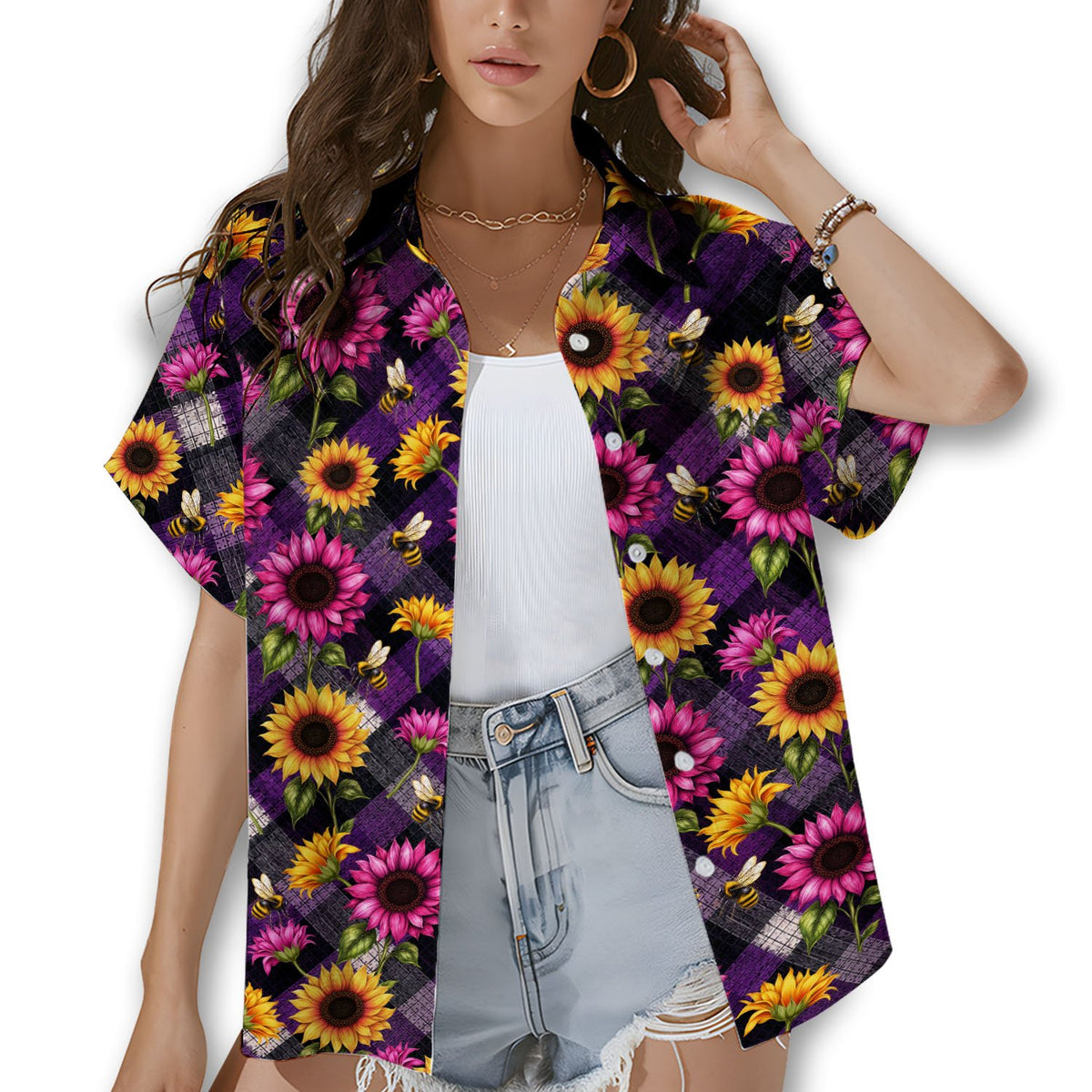 Lifestyle view of a matching family wearing sunflower and bee hawaiian shirts