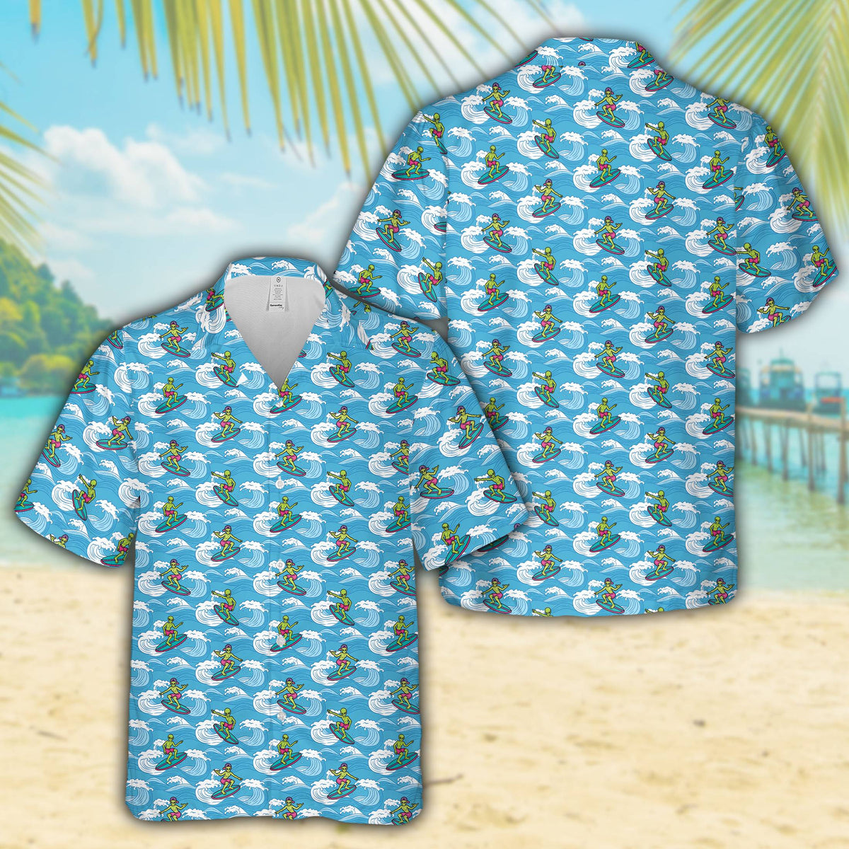 Blue surfing hawaiian shirt with alien design, main view
