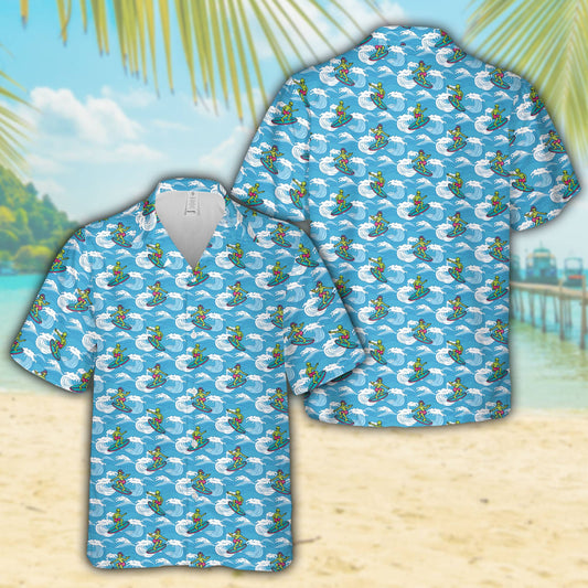 Blue surfing hawaiian shirt with alien design, main view
