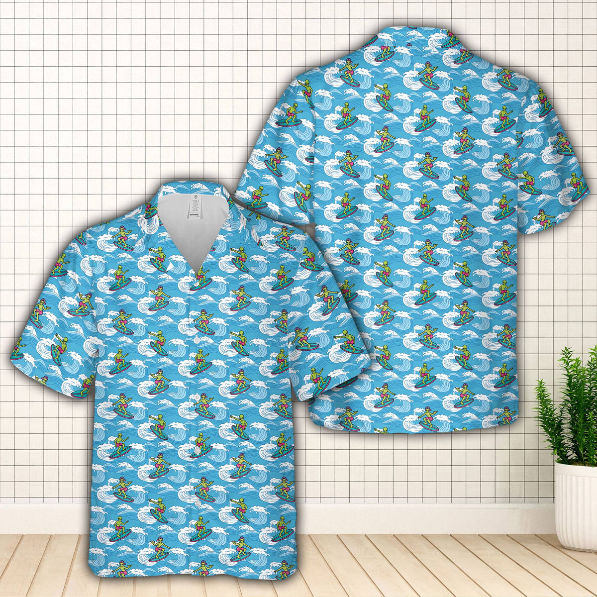 Another front view of the surfing alien hawaiian shirt
