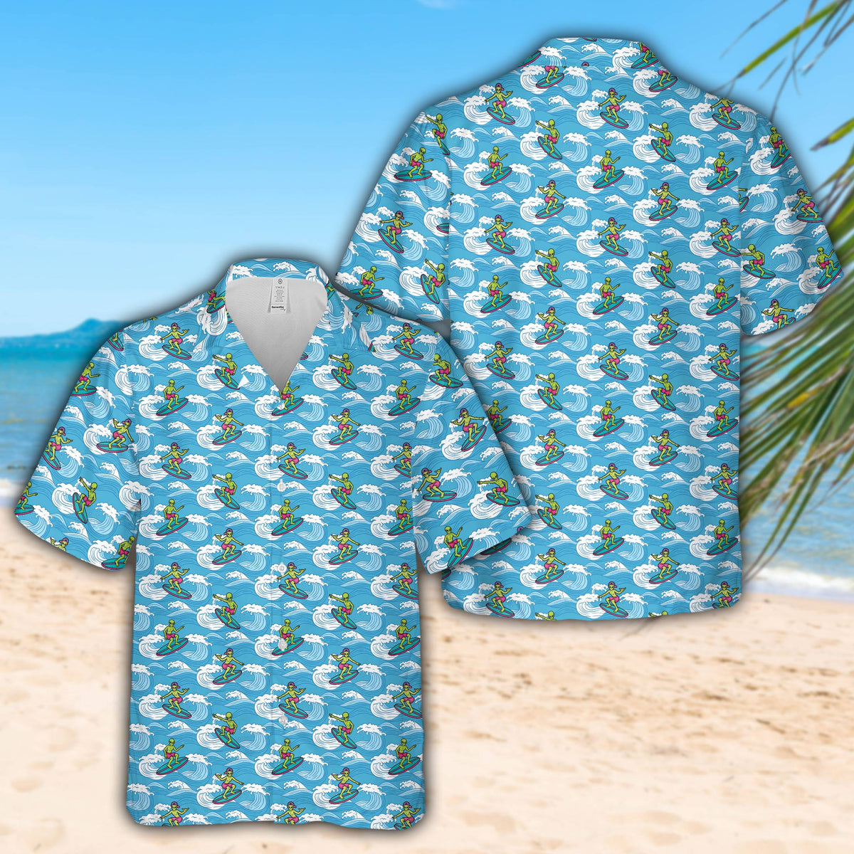 Additional front view of the blue surfing hawaiian shirt