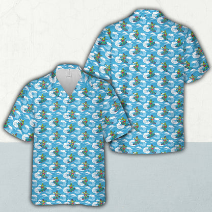 Another detail view of the blue hawaiian shirt pattern