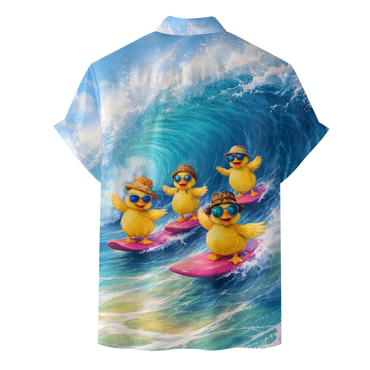 Detailed back view of the lightweight polyester hawaiian shirt with duckling graphics