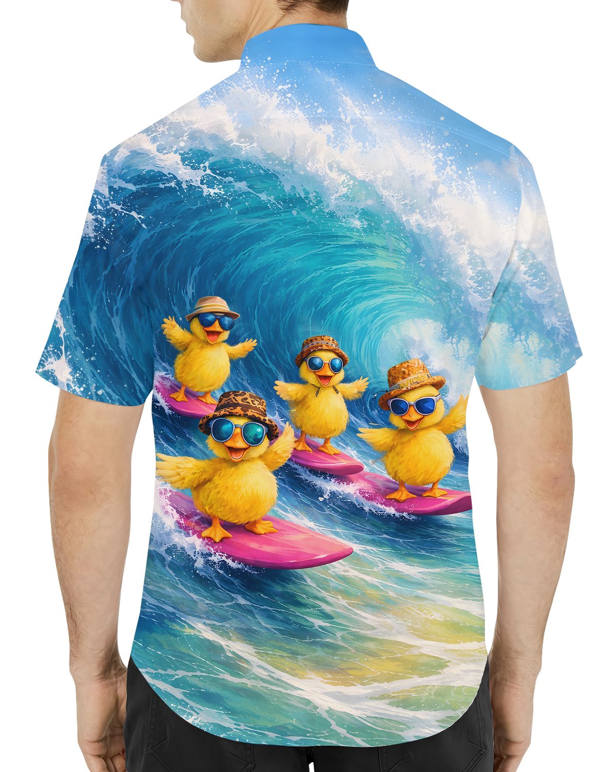 Back view of the blue matching family hawaiian shirt displaying the large curling wave and surfboards