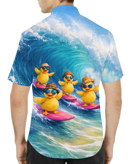 Back view of the blue matching family hawaiian shirt displaying the large curling wave and surfboards
